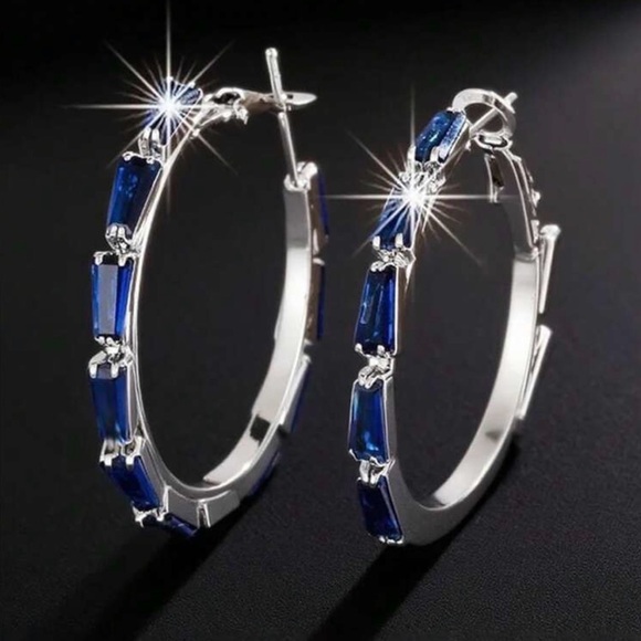 Blue Stone Hoop Earrings | Silver Tone | Copper Alloy | Elegant Statement Hoops
